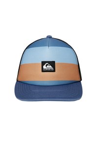Trucker-Cap mit horizontalen Streifen in Hellblau, Dunkelblau und Beige. Hergestellt aus strukturiertem Stoff mit einem einfarbigen Dunkelblauen Schild und einem Logo-Patch.