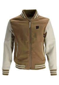 Veste universitaire marron et beige avec fermeture éclair complète à l'avant, col, poignets et ourlet côtelés à rayures, et deux poches avant zippées.