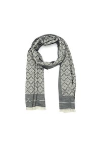 Gray floral-patterned scarf with a soft texture, featuring fringed edges and a darker band at the bottom with a decorative accent.