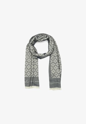 Gray floral-patterned scarf with a soft texture, featuring fringed edges and a darker band at the bottom with a decorative accent.
