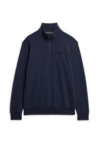 Pullover in pile blu navy con colletto alto, zip a quarto davanti e logo ricamato sul petto. Tessuto morbido e vestibilità comoda.