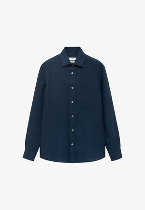 Marineblaue Langarmbluse aus glattem Stoff mit einem Standardkragen, Knopfleiste und einer einzelnen Brusttasche.