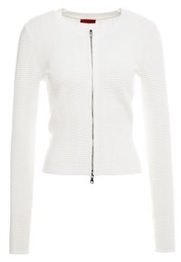 Biała, teksturowana kurtka na zamek błyskawiczny z długimi rękawami, z prążkowanym wzorem i metalowym zamkiem z przodu.