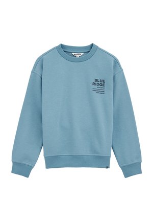 Világoskék, puha anyagból készült pulcsi, kerek nyakkivágással, bordázott mandzsettákkal, elöl "BLUE RIDGE ATHLETIC" felirattal.