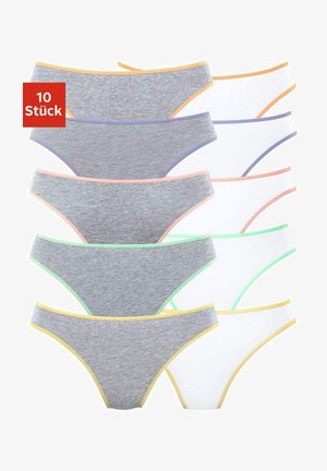 Zehn Paare Damenunterhosen in Grau und Weiß, mit kontrastierenden elastischen Taillenbändern in pastel Farben. Baumwollmaterial, einfaches Design.