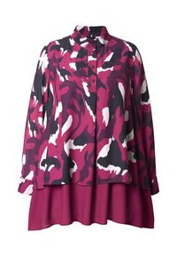 Blusa con bottoni e maniche lunghe, caratterizzata da un motivo astratto multicolore nelle tonalità di magenta, nero e bianco. Tessuto fluido e leggero.