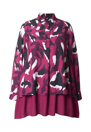 Napapaita uldumaisilla hihoilla, jossa on monivärinen abstrakti kuvio magentan, mustan ja valkoisen sävyissä. Keveä ja virtaava kangas.