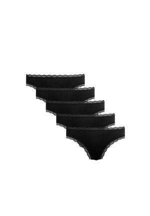 Black panty set with five pairs featuring a lace trim along the waistband and leg openings, made of soft fabric with a smooth texture.