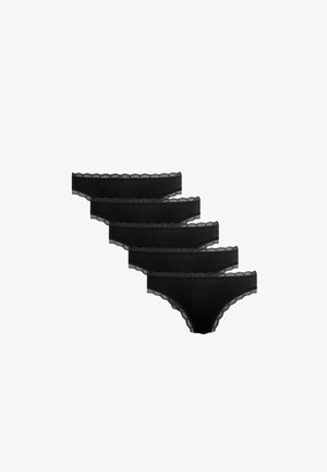 Ensemble de culottes noires comprenant cinq paires, avec une bordure en dentelle le long de la taille et des ouvertures de jambes, fabriquées en tissu doux au toucher lisse.