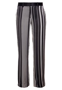 Black and white striped trousers with a straight leg design, featuring a smooth texture, a wide waistband, and two side pockets.