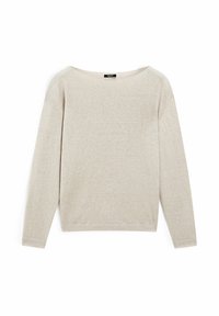 Beżowy sweter z długim rękawem wykonany z miękkiego dzianinowego materiału; posiada szeroki dekolt i prosty dół. Minimalistyczny design bez widocznych wzorów.