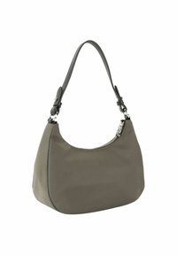 Bolso hobo hecho de un tejido suave de color verde oliva, con una silueta curva, una correa única y un cierre superior con cremallera. Accesorios en tono plateado.