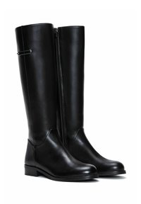 Bottes noires en cuir montant jusqu'au genou avec une fermeture éclair latérale, un bout arrondi, des détails métalliques minimalistes et un talon plat pour un soutien stable.