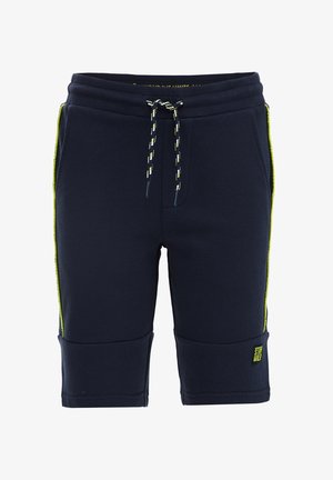 Marineblaue Shorts in Kniehöhe mit elastischem Bund, schwarzem und gelbem Kordelzug, Seitenstreifen, vorderen Taschen und "Stay Wild" Logo-Patch.