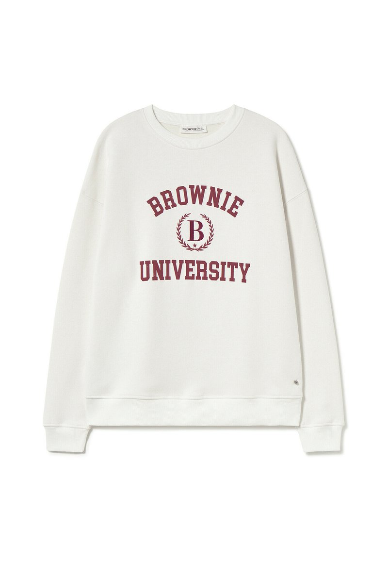 Sudadera blanca con cuello redondo, con texto color marrón: "UNIVERSIDAD BROWNIE" y un diseño de laurel. Tela suave, corte relajado.