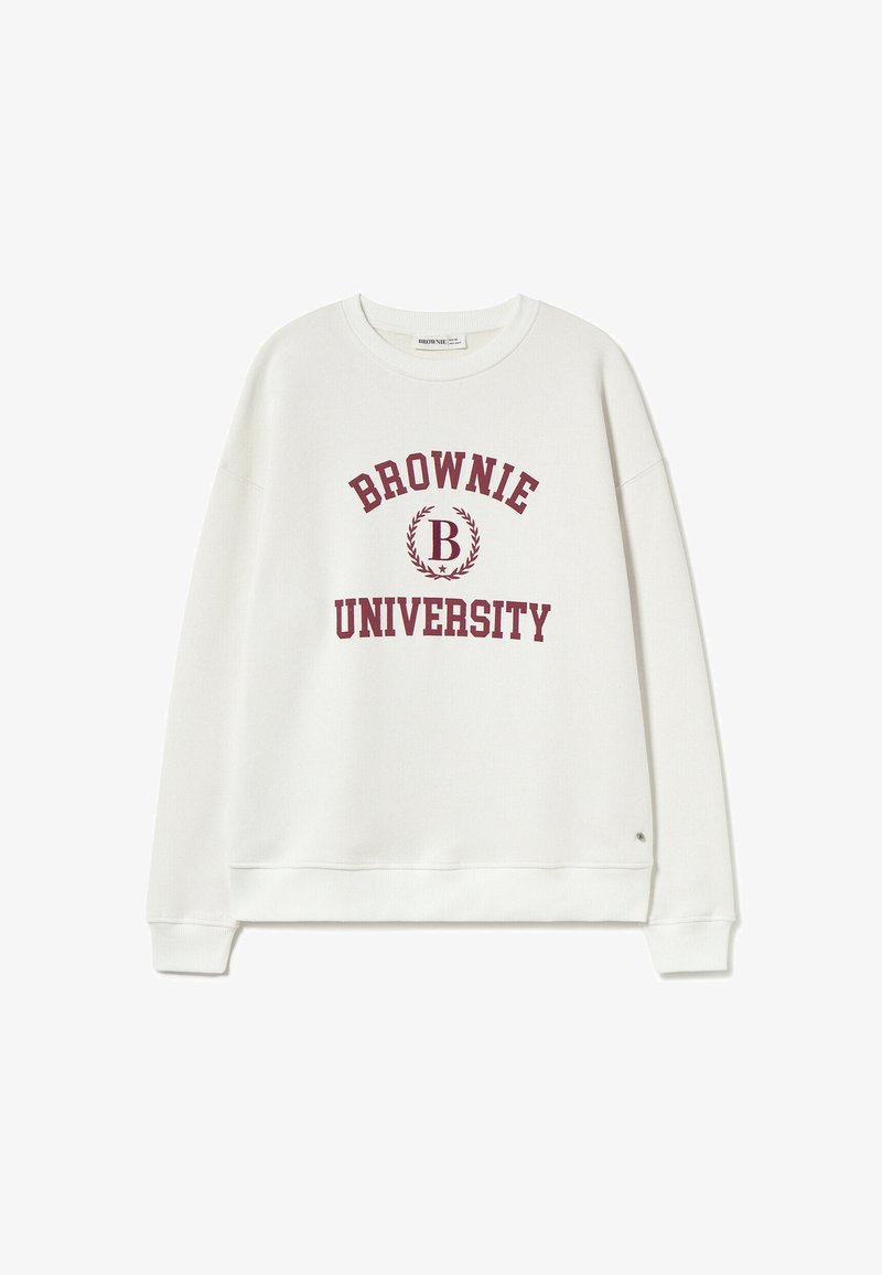 Sudadera blanca con cuello redondo, con texto color marrón: "UNIVERSIDAD BROWNIE" y un diseño de laurel. Tela suave, corte relajado.