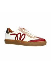 White leather sneakers with red and beige accents, featuring a textured tan rubber sole and a pink tab on the back. Laces through six holes.