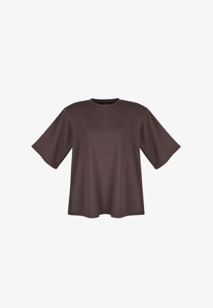 Brązowa, krótka koszulka z rękawem, okrągłym dekoltem i luźnym krojem, wykonana z gładkiego materiału, z prostym, czystym wzorem.