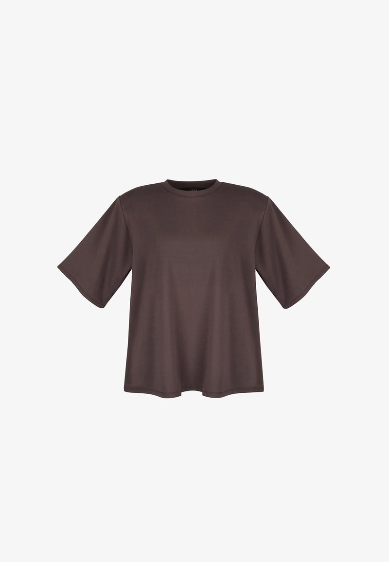 Brązowa, krótka koszulka z rękawem, okrągłym dekoltem i luźnym krojem, wykonana z gładkiego materiału, z prostym, czystym wzorem.