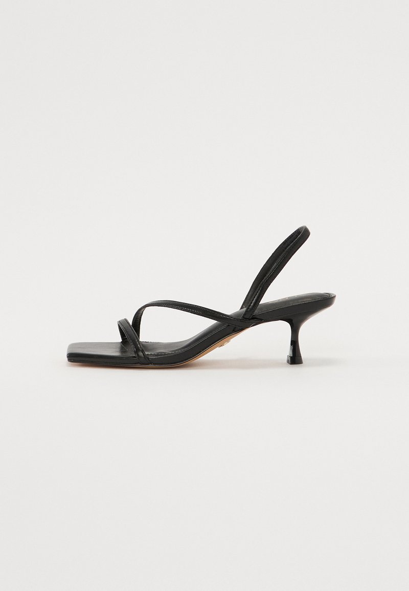 Sandalo nero con cinturini, punta quadrata, cinturini sottili e tacco corto a blocco. Superficie in pelle liscia e design minimalista.