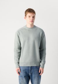 Hellgrüner gestrickter Pullover mit geripptem Muster und Rundhalsausschnitt. Verfügt über lange Ärmel und einen gerippten Saum, kombiniert mit blauen Jeans.