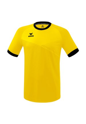 Hellgelbes Sportshirt mit kurzen Ärmeln, schwarzem Kragen und Ärmelabschlüssen, mit dezenten diagonalen Strukturen und schwarzem Erima-Logo auf der Brust.