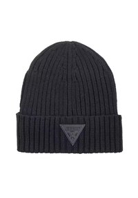 Bonnet en tricot noir avec une texture côtelée et un revers replié. Présente un patch logo triangulaire à l'avant. Matière extensible pour le confort.