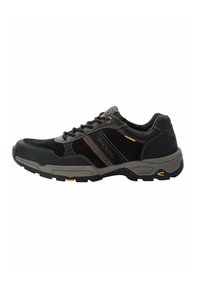 Black sneaker with suede and synthetic leather, featuring gray accents and yellow details, rounded toe, lace-up design, and textured sole.