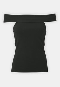 Melnā off-the-shoulder blūze, izgatavota no ribota auduma, pieguļoša forma ar taisnu dekoltē un bez piedurknēm.