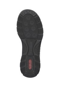 Semelle de chaussure en caoutchouc noir avec un motif de semelle texturé, comportant un logo rouge et trois grips circulaires en relief près du talon pour une traction optimale.
