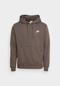 Brązowy sweatshirt z kapturem wykonany z dzianiny bawełnianej, z przednią kieszenią typu kangur i białym logo Nike na piersi.