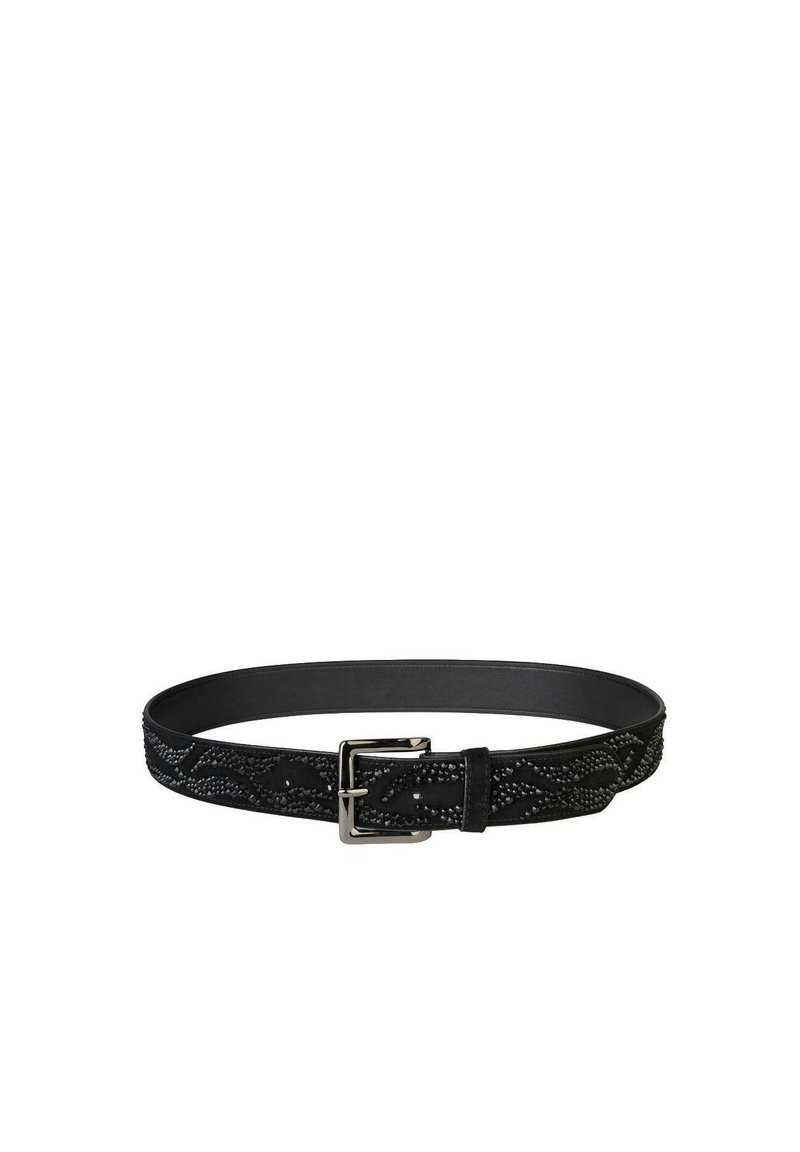Ceinture noire avec un design texturé, des clous décoratifs, une boucle en métal argenté et une finition en cuir lisse.