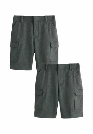 To par grå cargoshorts med forlommer, sidelommer med klaps, bæltestropper og lynlåslukning vist på hvid baggrund.