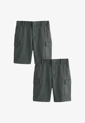 Dva páry sivých cargo krátkych nohavíc s prednými vreckami, bočnými vreckami s klopami, pútkami na opasok a zapínaním na zips zobrazené na bielom pozadí.