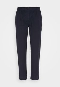 Tmavě modré bavlněné kalhoty s elastickým pasem, zúženými nohavicemi a ohrnutými lemy. Mají přední knoflík a zapínání na zip. Hladká textura.