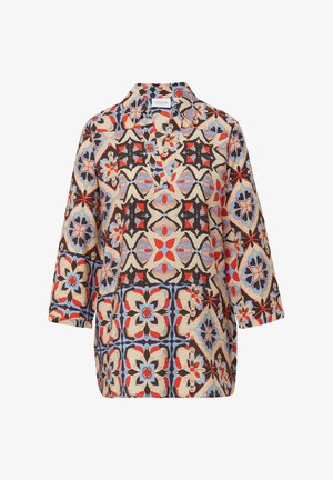 Patterned shirt featuring a collared neckline, 3/4 sleeves, in beige with intricate floral designs in red, blue, and black.