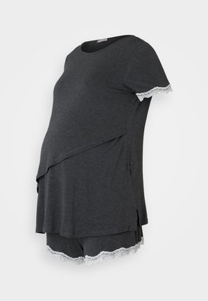 Maternity sleepwear set in dark gray with a relaxed fit, lace trim on sleeves and shorts, and side slits for comfort and ease.