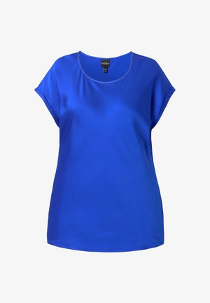 Blå satin kortærmet bluse med rund halsudskæring og glat tekstur. Har en afslappet pasform og let buet kant.