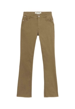 Brązowe dżinsy typu dzwon z bawełny, z przednimi i tylnymi kieszeniami, na guzik oraz z przeszyciami na szwach. Metka widoczna w talii.