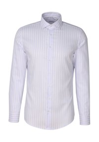 Jasnoniebieska i biała w paski koszula z długim rękawem, z kołnierzykiem zapinanym na guziki, wykonana z gładkiego materiału, z gładkimi guzikami i akcentami na mankietach.