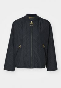 Gewatteerd zwart bomberjack met gouden ritssluitingaccenten, ronde ritstrekkers en zijzakken. Heeft een geribde halslijn en een ruitpatroon.