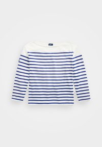 Randig långärmad topp i vitt och marinblått, med båtnek och mjukt tyg med horisontella ränder och avslappnad passform.
