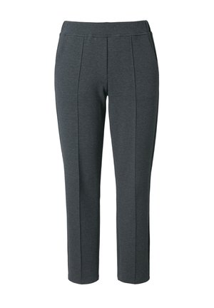 Pantalons gris extensibles avec une texture lisse, présentant une taille plate et des plis verticaux à l'avant pour un look ajusté.
