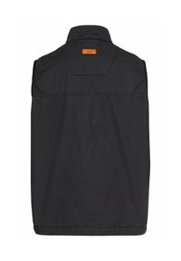 Schwarze ärmellose Weste mit hohem Kragen, aus strapazierfähigem Material. Verfügt über ein braunes Lederlogo auf der Rückseite. Sauberes, minimalistisches Design.