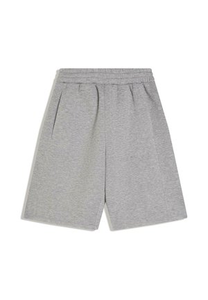 Grå afslappede shorts med elastisk talje og sidelommer, vist fladt på en hvid baggrund.