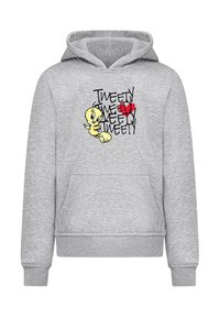 Szürke kapucnis pulóver, amelyen egy rajzfilmfigura látható, grafikai szöveggel: "TWEETY", és egy piros szív részlettel. Puha tapintás, elülső zsebből.