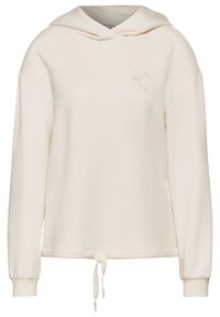 Jasno beżowa bluza z kapturem, ze sznurkiem w dolnej części, długimi rękawami i małym wytłoczonym logo na klatce piersiowej. Miękka tkanina o luźnym kroju.