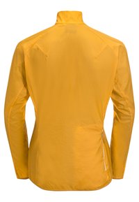 Giacca gialla, leggera, con maniche lunghe e alto colletto, tasca laterale con zip, texture liscia e design aderente.