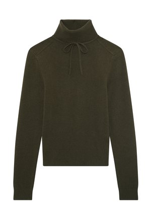 Maglione lavorato a maglia di un verde scuro con colletto alto e lacci regolabili. Presenta polsini e orlo a coste, con un logo discreto sul davanti.
