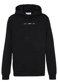 Black hoodie made of cotton with a front pocket, drawstrings, and white text in Japanese across the chest. Features ribbed cuffs and hem.
